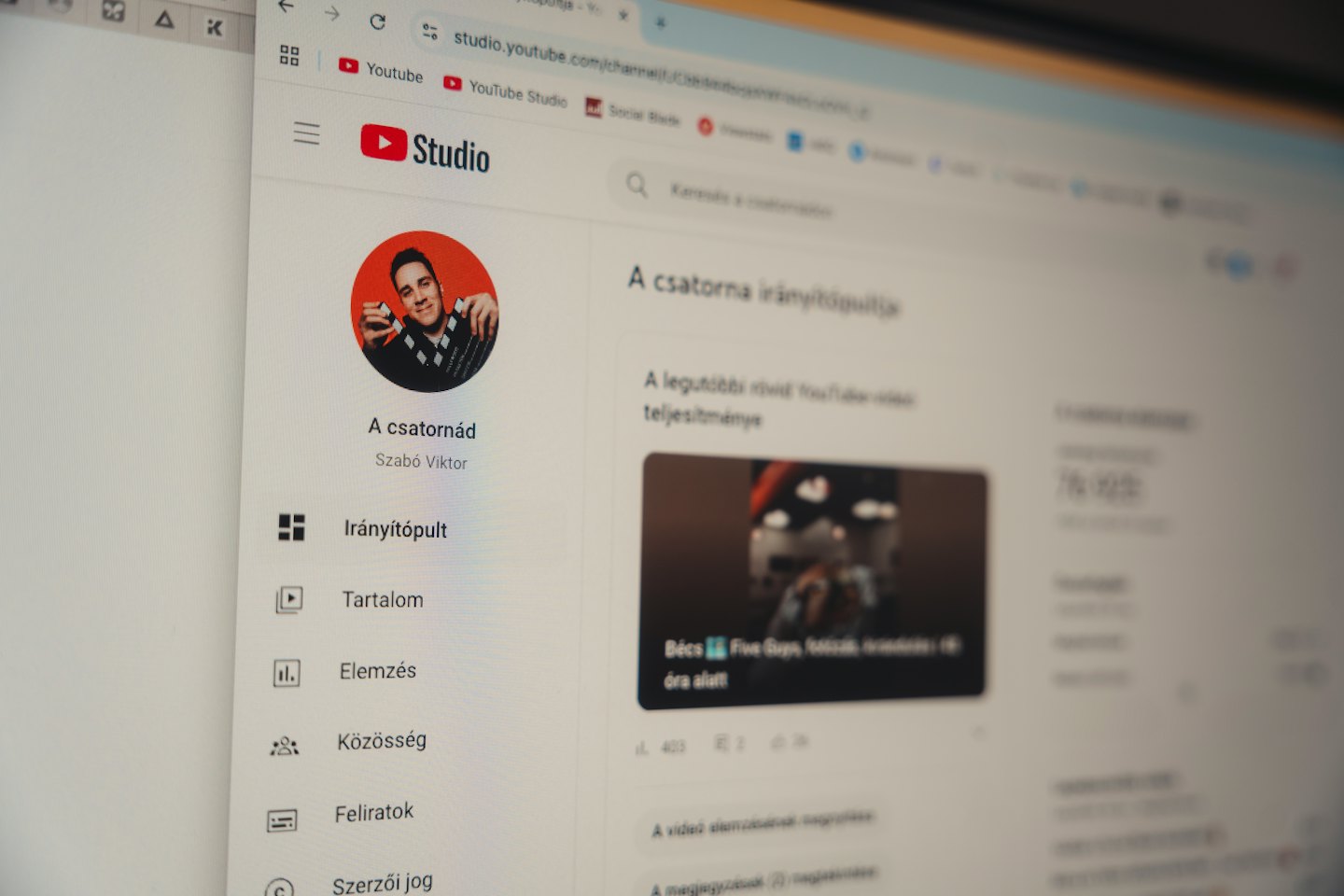 Computer screen displaying a YouTube Studio analytics dashboard.